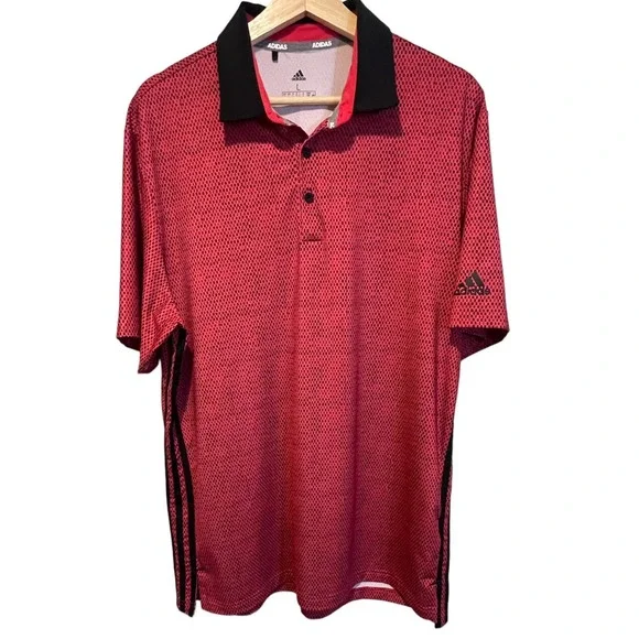 ADIDAS MEN'S POLO, SIZE: L COLOR: PINK/BLACK ALL OVER PATTERN. EUC - Picture 2 of 10